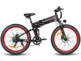 Black- SAMEBIKE LO26-Plus Electric Bike with red wheels on a white background