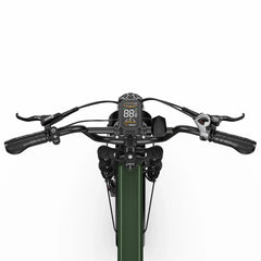 Front view of an APEFOX RH20 Folding Dual Motor Electric Bike showing the handlebars, black digital display, and a dark green frame against a plain white background.