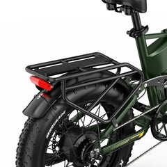 Close-up of a APEFOX RH20 Folding Dual Motor Electric Bike with a black rear rack and red reflector on a white background