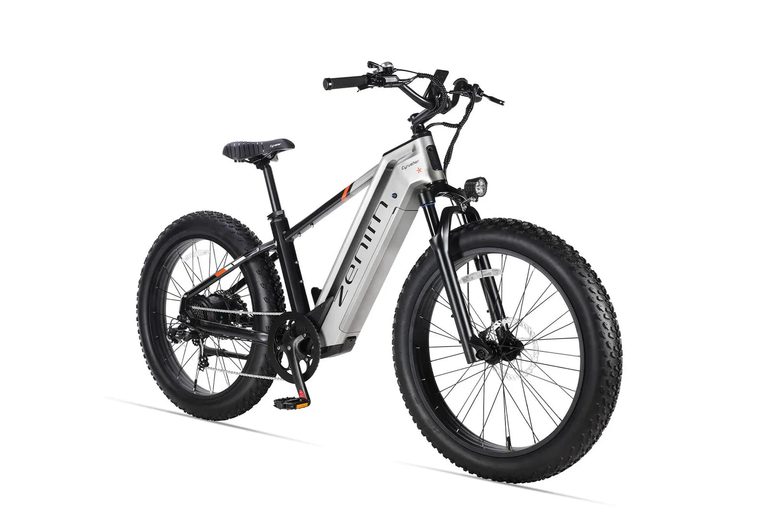 Cyrusher Zenith electric cycle in silver right side view on a white background