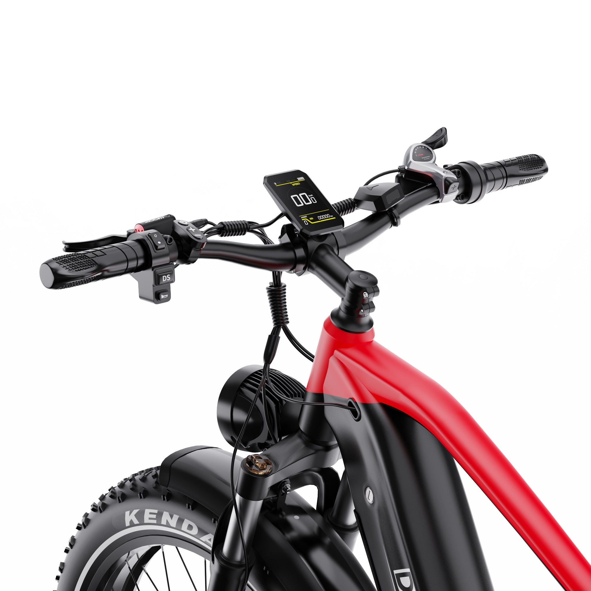 Close-up of a red DUOTTS F26 Lite Electric Bike with handlebars and Kenda tire on a white background - Pogo Cycle