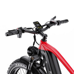 Close-up of a red DUOTTS F26 Lite Electric Bike with handlebars and Kenda tire on a white background - Pogo Cycle
