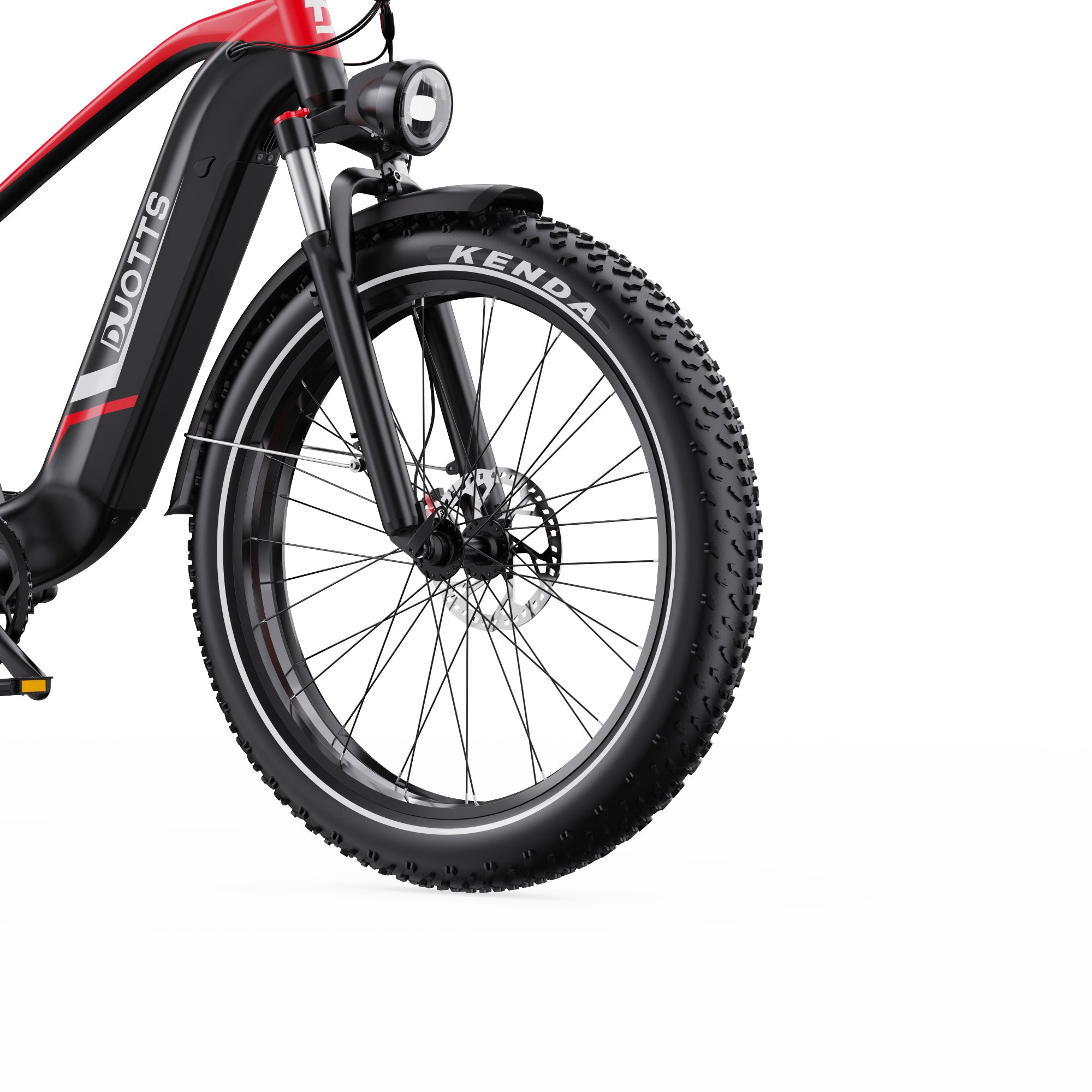 Close-up of a DUOTTS F26 Lite Electric bicycle wheel with Kenda tire on a white background