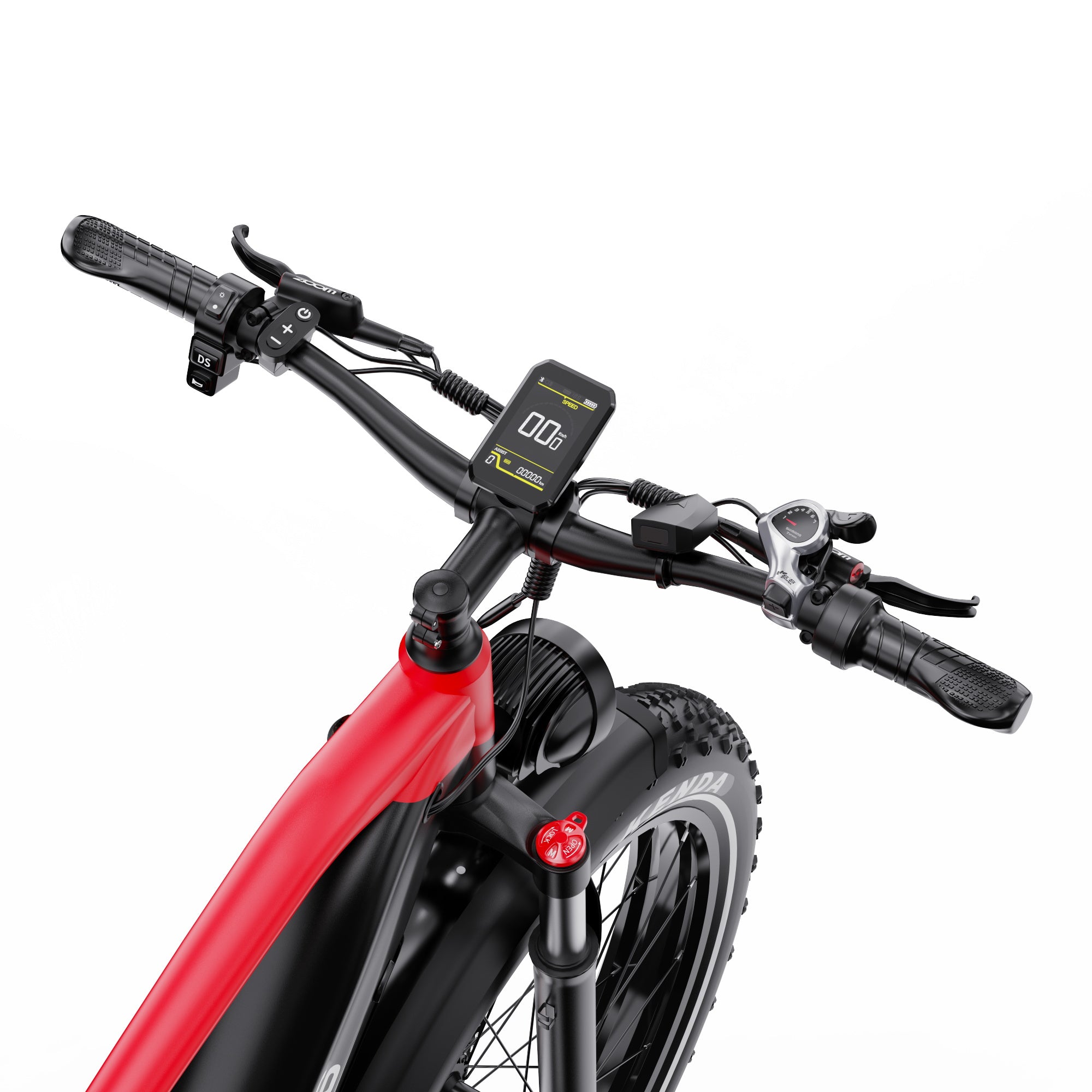 Close-up of a red DUOTTS F26 Lite Electric Bike handlebar with control panel on a white background