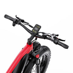 Close-up of a red DUOTTS F26 Lite Electric Bike handlebar with control panel on a white background