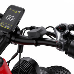 Close-up of a DUOTTS F26 Lite Bike handlebar with digital speedometer and control buttons on a white background
