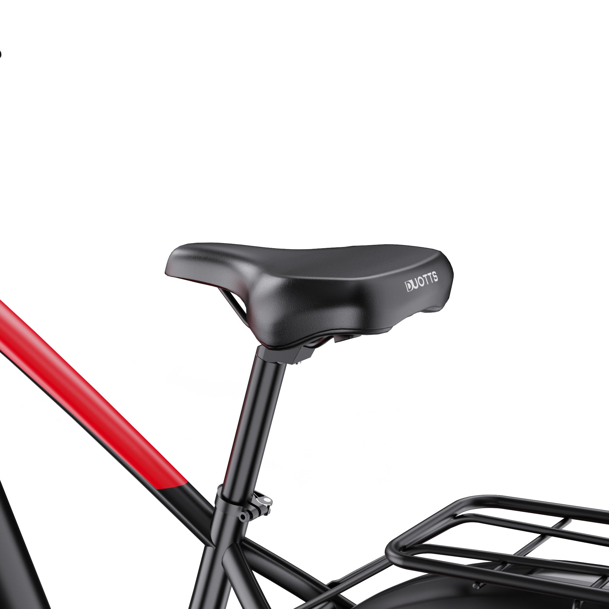 Black DUOTTS F26 Lite Electric Bike seat with a red frame on a white background