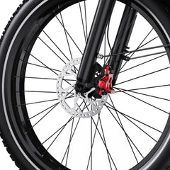 Close-up of a DUOTTS F26 Lite Electric bicycle wheel with disc brake system on a white background