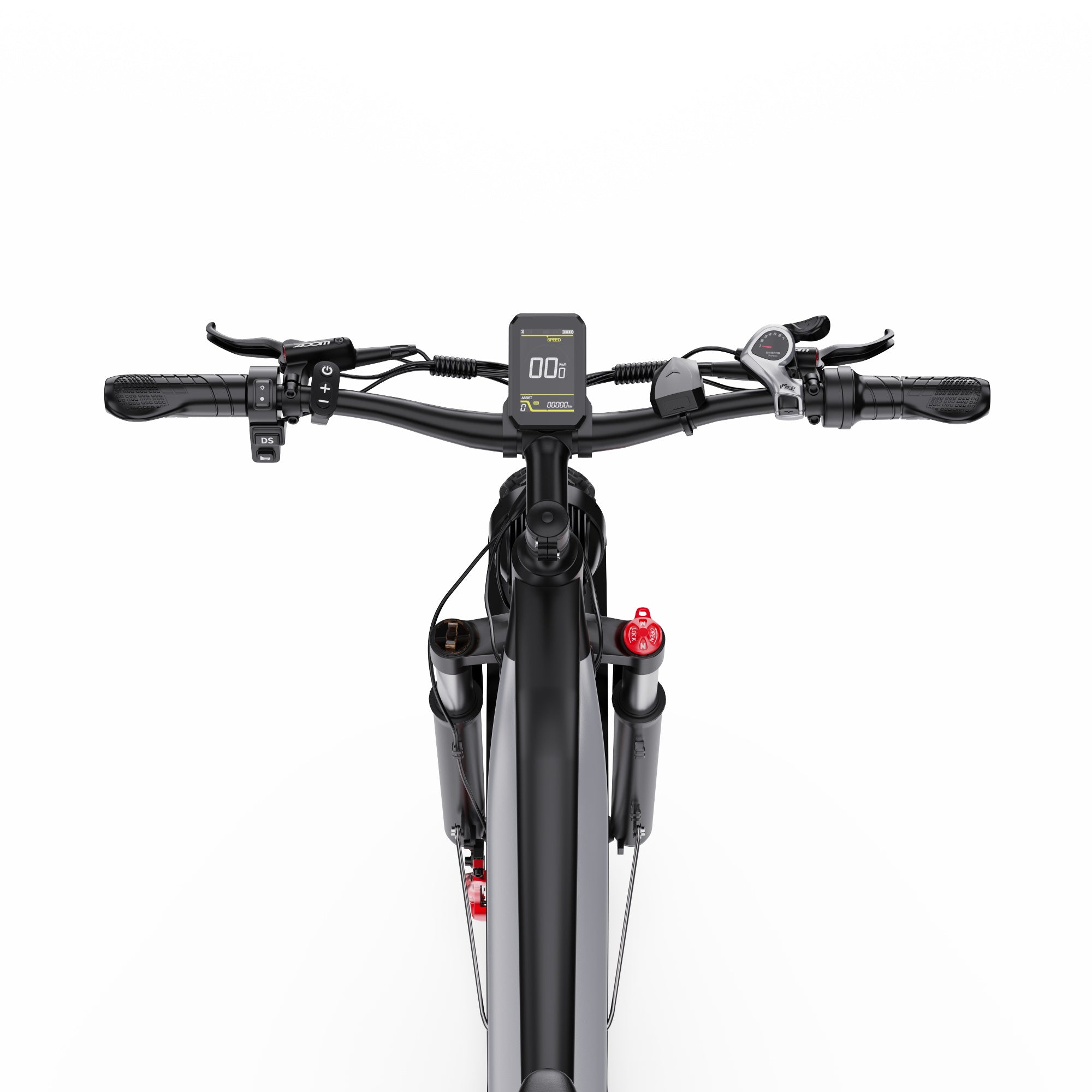 Close-up of a DUOTTS F26 Lite Electric Bike handlebar with a digital display on a white background