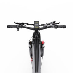 Close-up of a DUOTTS F26 Lite Electric Bike handlebar with a digital display on a white background