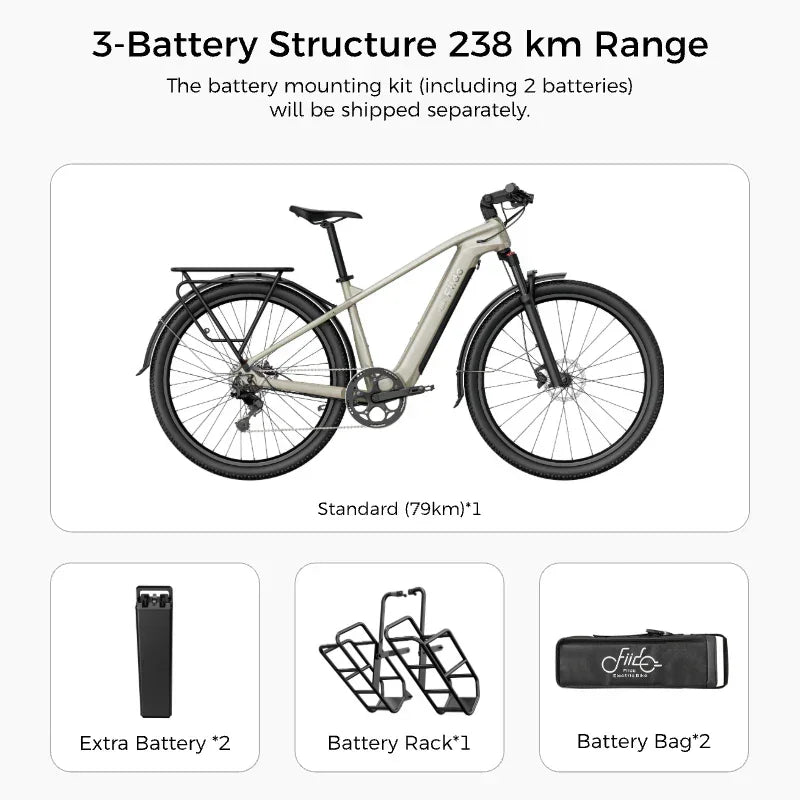 Fiido Nomads Touring Electric Bike with battery accessories on a white background