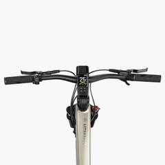 Fiido Nomads Touring Electric Bicycle handlebar with a display and Shimano branding on a white backgroundi
