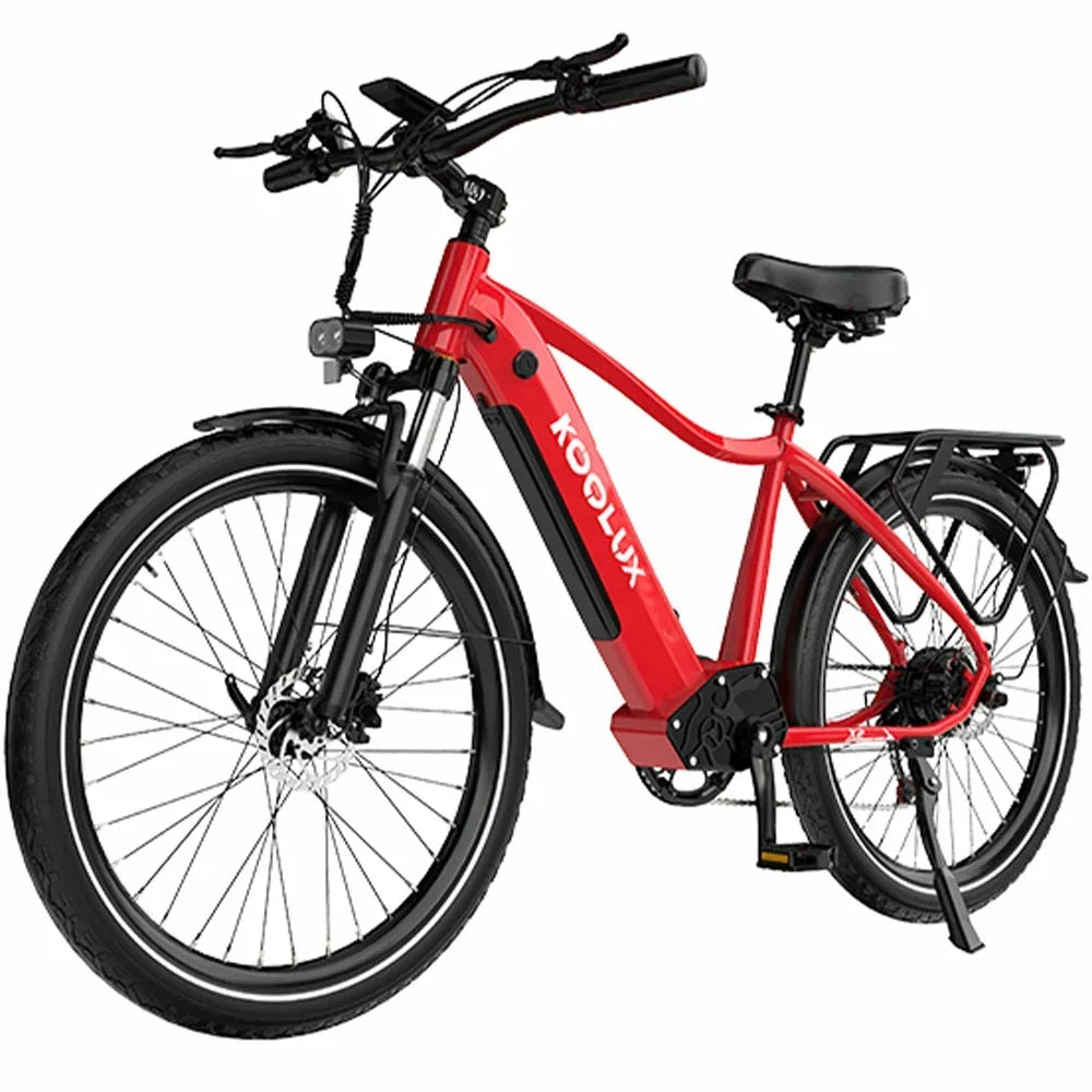 A red and black Koolux X3 electric bicycle with fat tires, a step-through frame, and a rear cargo rack, shown on a solid white background.