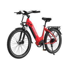 Red KOOLUX X2 Step-Thru Electric Bike with black frame and tires on a white background