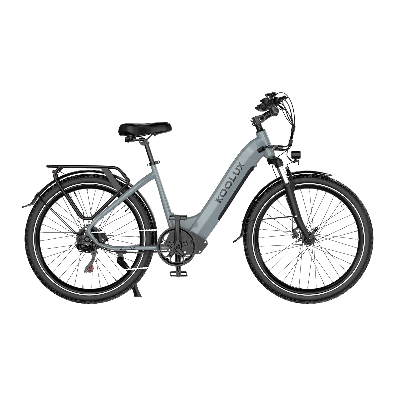 Gray KOOLUX X2 Step-Thru Electric bicycle with 'Koolux' branding on a white background