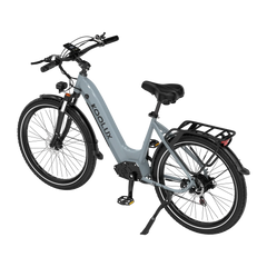 Gray KOOLUX X2 Step-Thru Electric bicycle with black seat and rear rack on a white background