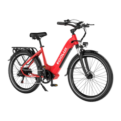 Red electric bike with 'Koolux' branding on a white background - Pogo Cycles, Ireland