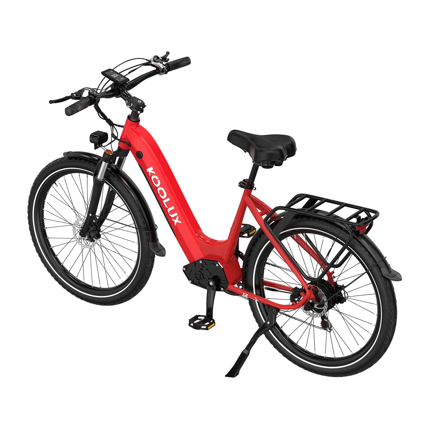 Red KOOLUX X2 electric bicycle with black components on a white background