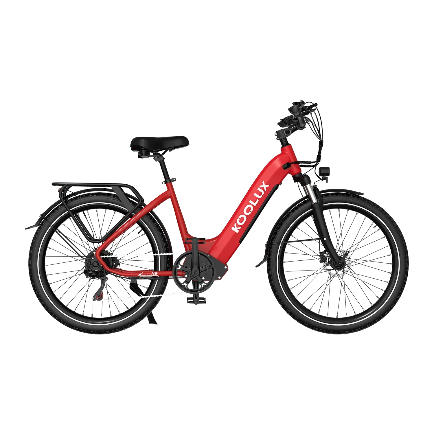Red KOOLUX X2 Step-Thru Electric Bike with 'Koolux' branding on a white background - Pogo Cycles, Ireland