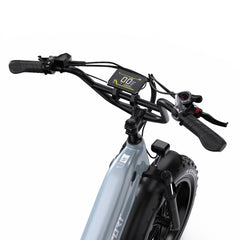 Close-up of an Onesport OT08 electric bike handlebar with a display on a white background