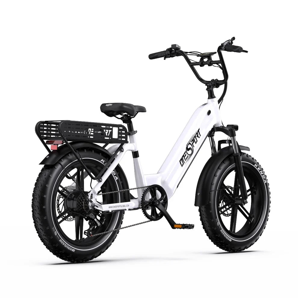 White onesport OT08 electric bike with black tires on a white background