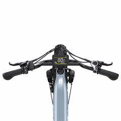 Front view of an Onesport OT08 electric bicycle handlebar with black grips, black handlebars, a central digital display screen, and a light blue frame against a white background.