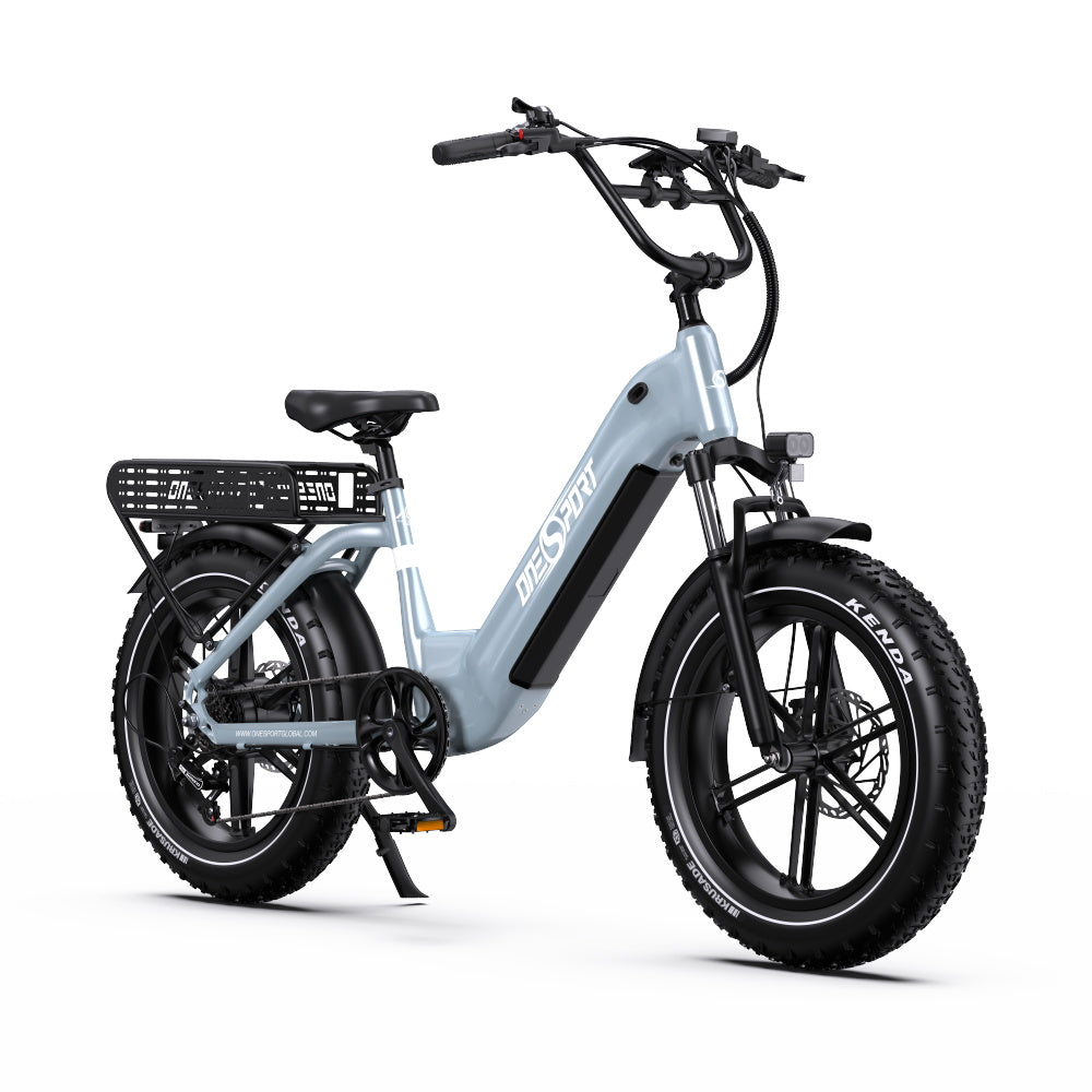 Light blue Onesport OT08 electric bike with black details on a white background