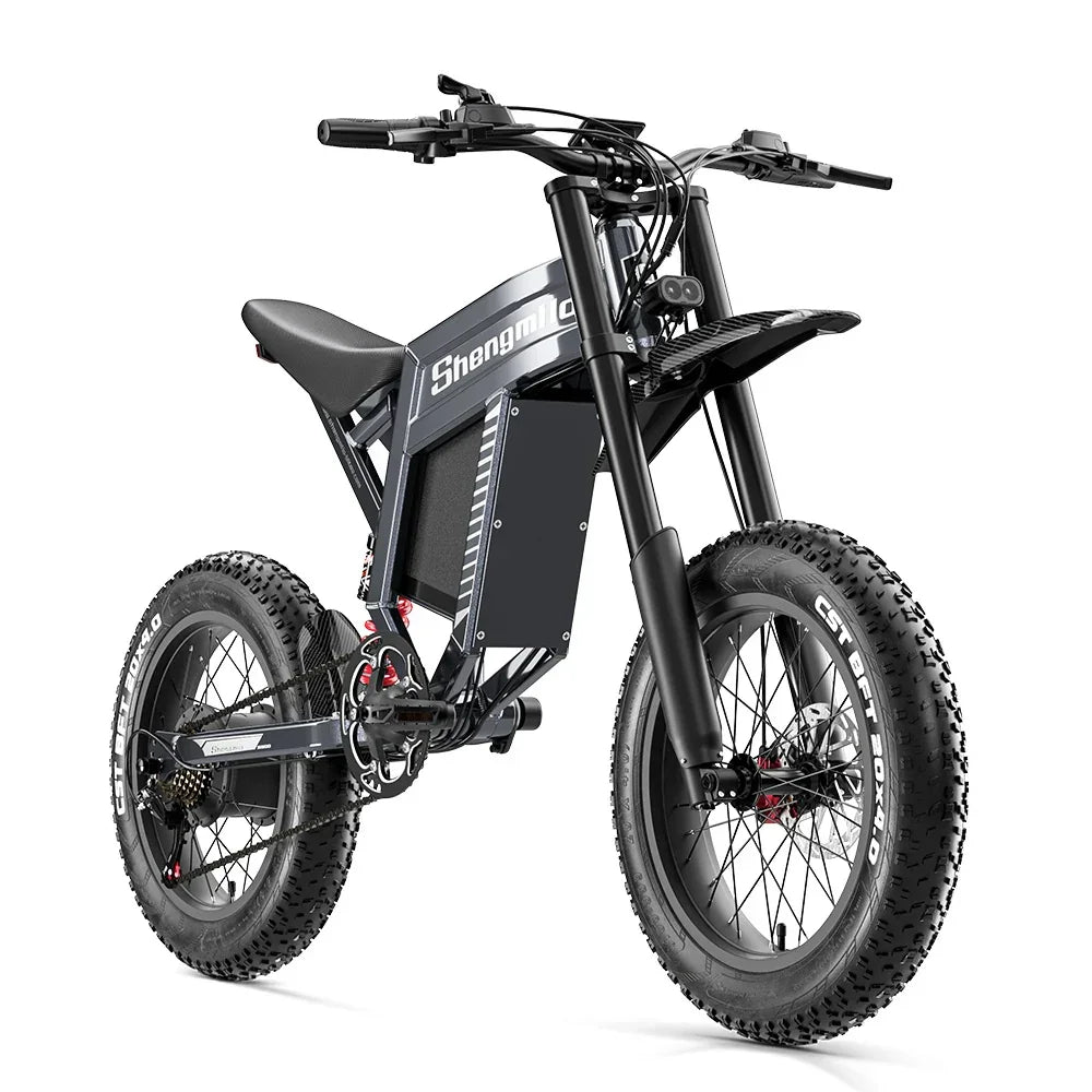 Black electric bike with 'Shengma' branding on a white background