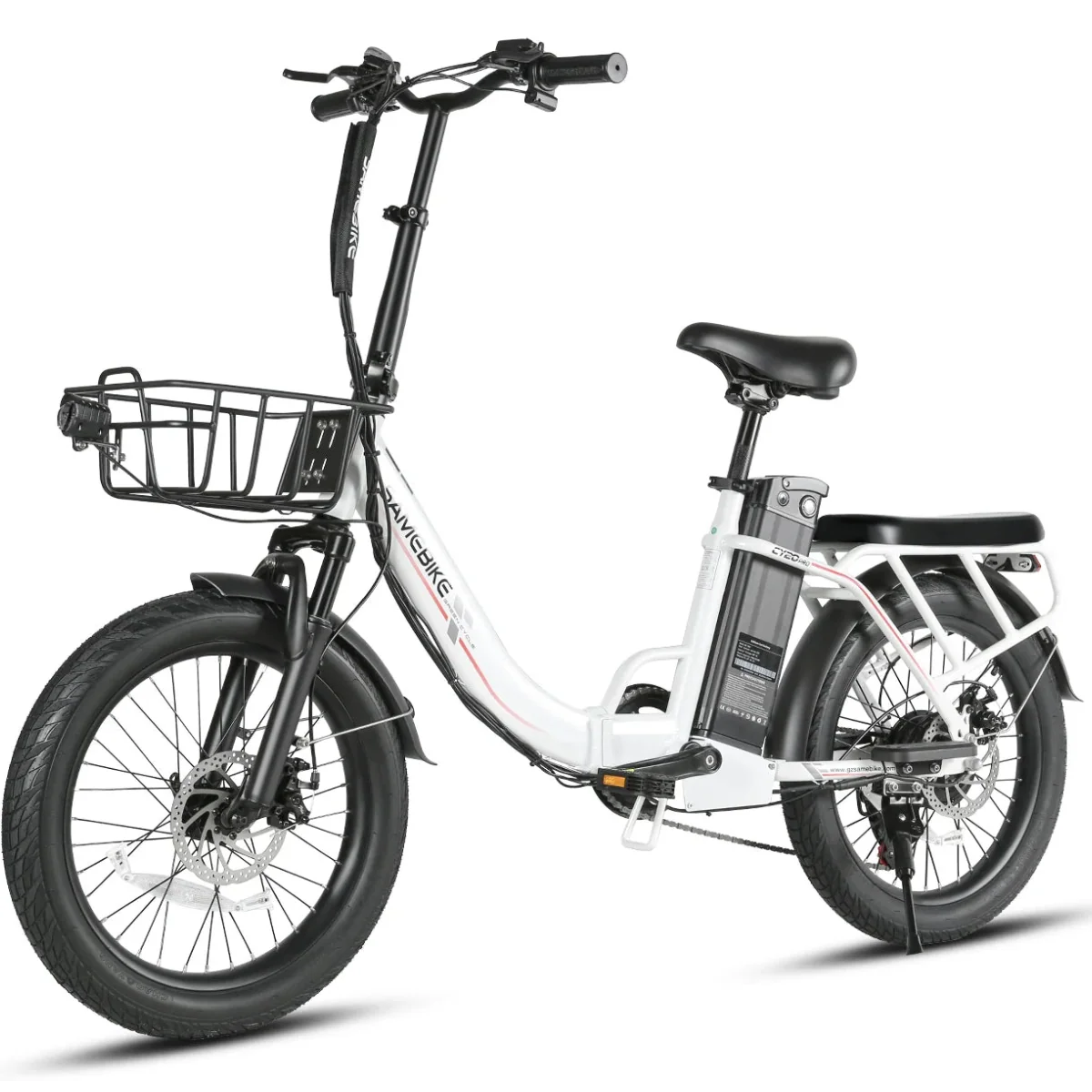 Right side of SAMEBIKE CY20 Pro Electric Bike in white with a basket on a white background