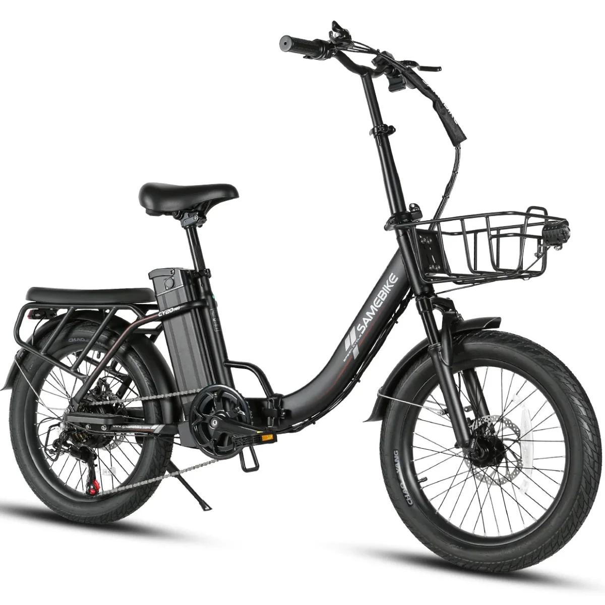 SAMEBIKE CY20 Pro Electric Bicycle in black with a basket on a white background