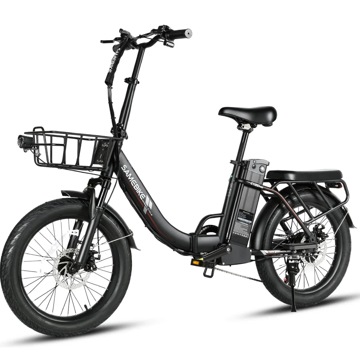 SAMEBIKE CY20 Pro Electric Bike in black with a basket on a white background