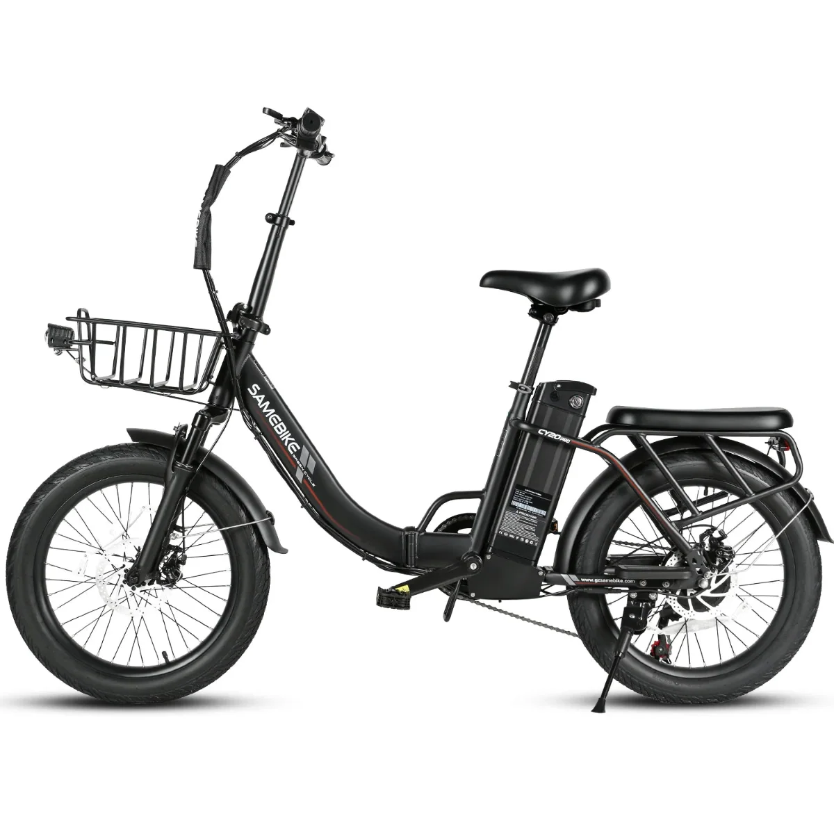 SAMEBIKE CY20 Pro Electric Bike in black with a basket on a white background