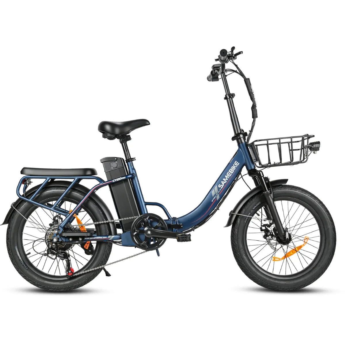SAMEBIKE CY20 Pro Electric Bike in blue with a basket on a white background