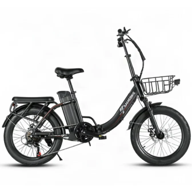 A black SAMEBIKE CY20 Pro Electric bicycle with a front basket, rear cargo rack, and integrated battery pack, shown from a side profile on a white background.