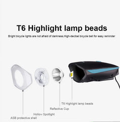 Black Bicycle Light USB Led Waterproof With Horn Mountain Bike Dark Night Outdoor Riding Headlight