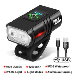 2T6 LED Bicycle Front Light 1000LM Aluminum Alloy Bike Light Headlight USB Rechargeable MTB Mountain Bicycle Lamp