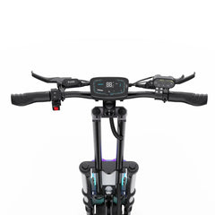 Close-up of a scooter handlebar with digital display on a white background