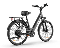 Black URLIFE E26 Step-Through Electric bicycle with URlife branding on a white background - Pogo Cycles