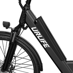 Close-up of a black URLIFE E26 Step-Through Electric Bike with 'URLIFE' branding on a white background