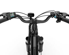 Close-up of a URLIFE E26 Step-Through Electric bicycle handlebar with digital display on a white background