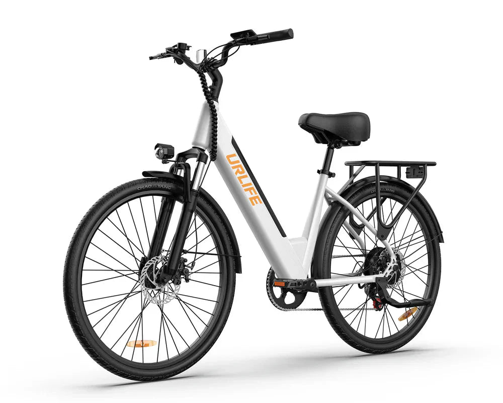 White URLIFE E26 Step-Through Electric Bike with black details on a white background
