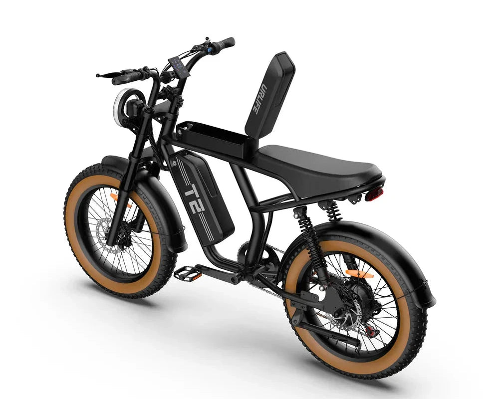 Battery Slot view of Black URLIFE T2 Off Road Electric Bike with brown tires on a white background