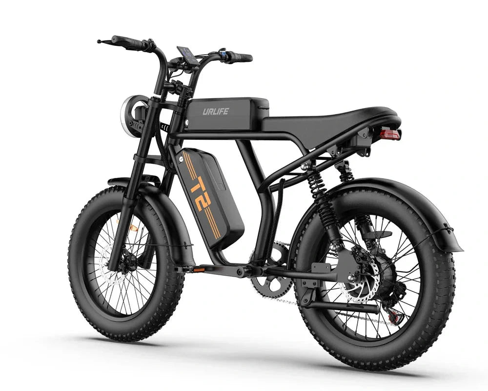 Side View of Black URLIFE T2 Off Road Electric Bike on a white background