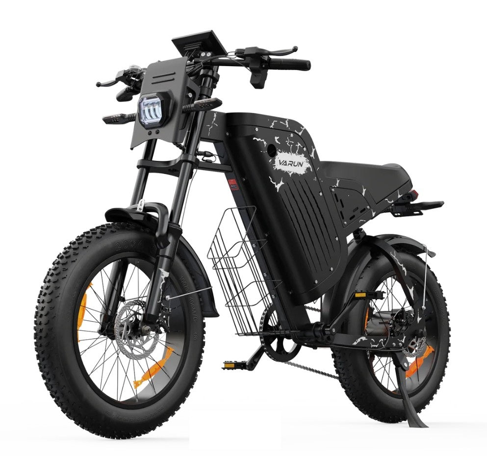 VARUN X-Plorer Raptor Electric Bike in black with a basket on a white background