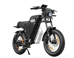 VARUN X-Plorer Raptor Electric Bike in black and white accents with a basket on a white background