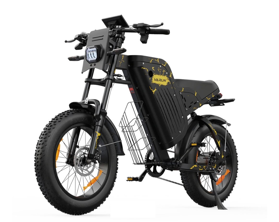 VARUN X-Plorer Raptor Electric Bike in black and yellow accents with a basket on a white background
