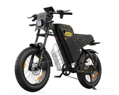 VARUN X-Plorer Raptor Electric Bike in black and yellow accents with a basket on a white background