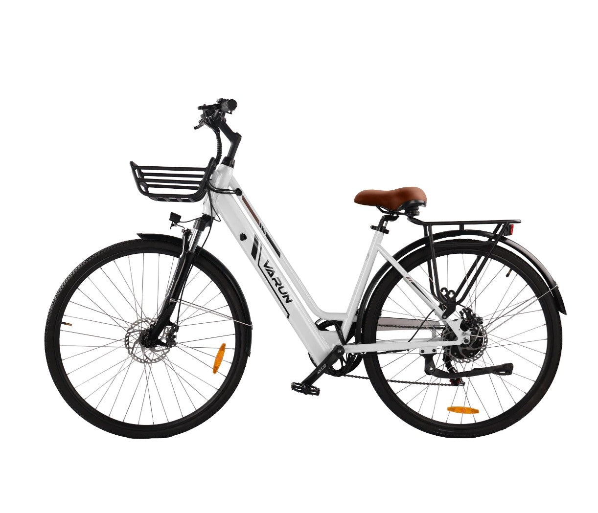 White VARUN C7008 Urban Electric bicycle with black frame and brown seat on a white background - Pogo Cycles, Ireland