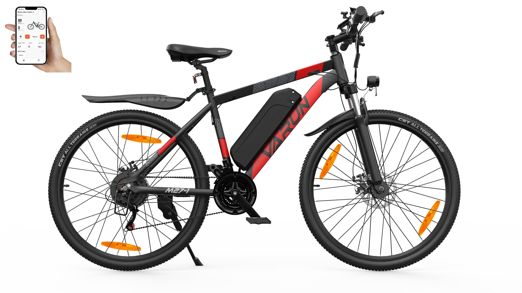 VARUN M27-1 Electric bicycle with a smartphone displaying an app on a white background