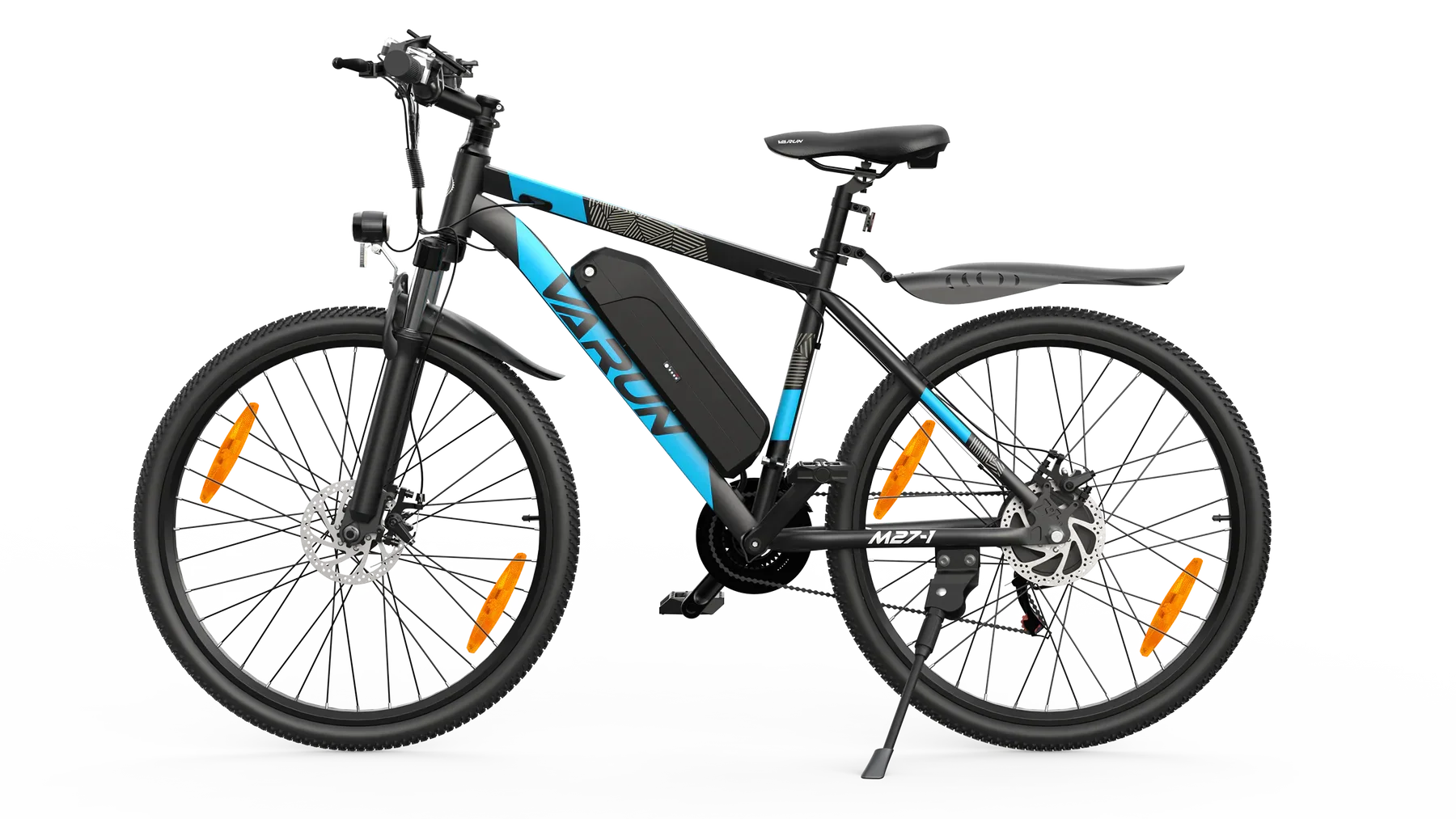 VARUN M27-1 Electric bicycle with black frame and blue accents on a white background - Pogo Cycles, Ireland